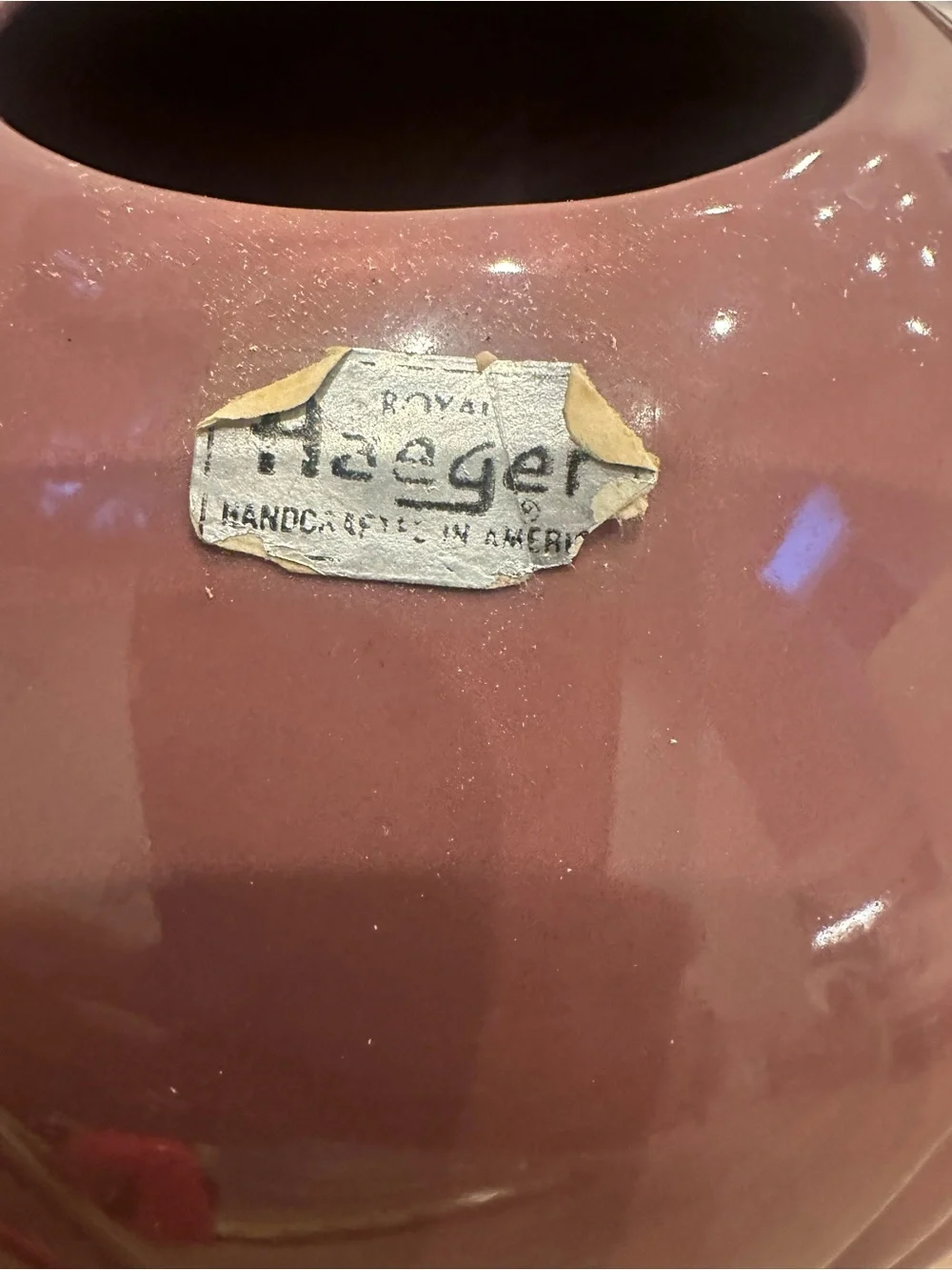 Vintage Royal Haeger Art Deco Fan Embossed Rose Dusty Mauve Oval Globe Vase 8